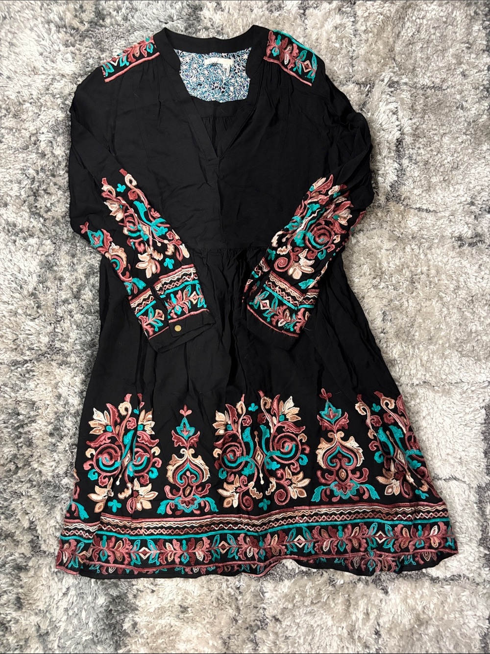 Floreat Black Long-Sleeve Embroidered Dress with Teal & Coral Accents
